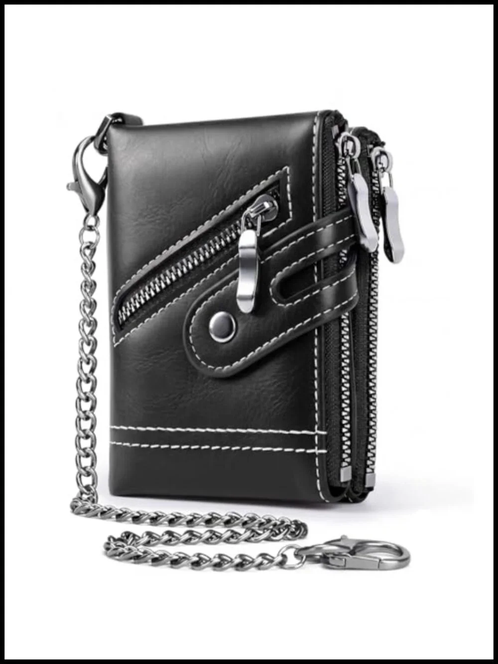 Men's RFID Zippered Short Wallet with Chain, 12 Card Holder, Faux Leather,